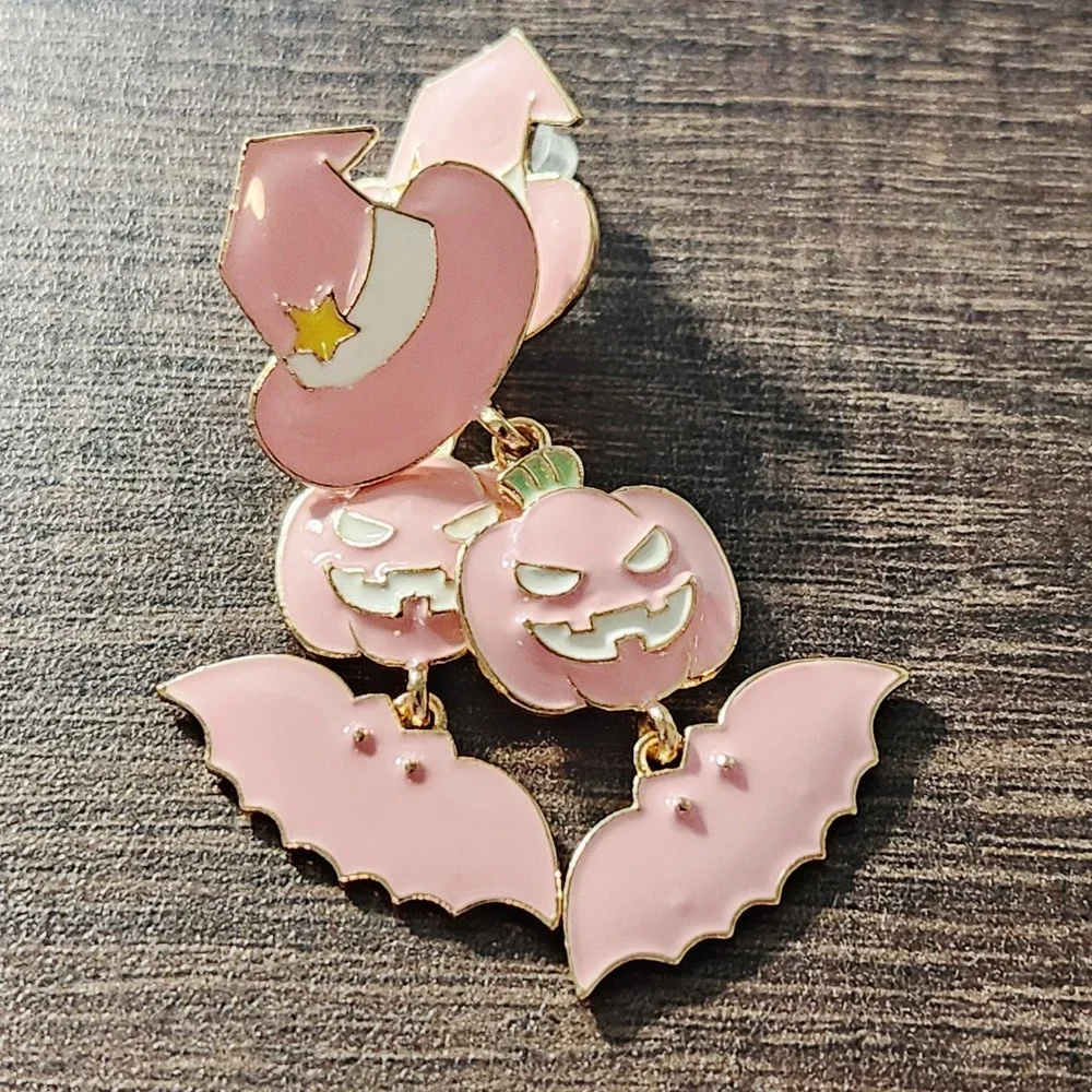 Pink Halloween Enamel Dangle Earrings Witch Hat‎ Pumpkin Bat Pastel Goth Spooky
